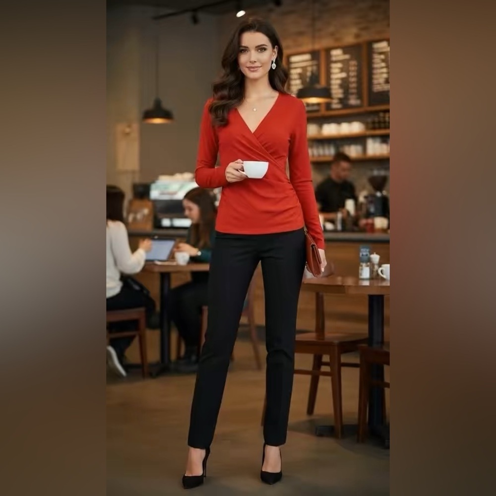 Ann Taylor red long sleeve top wrap style XSp